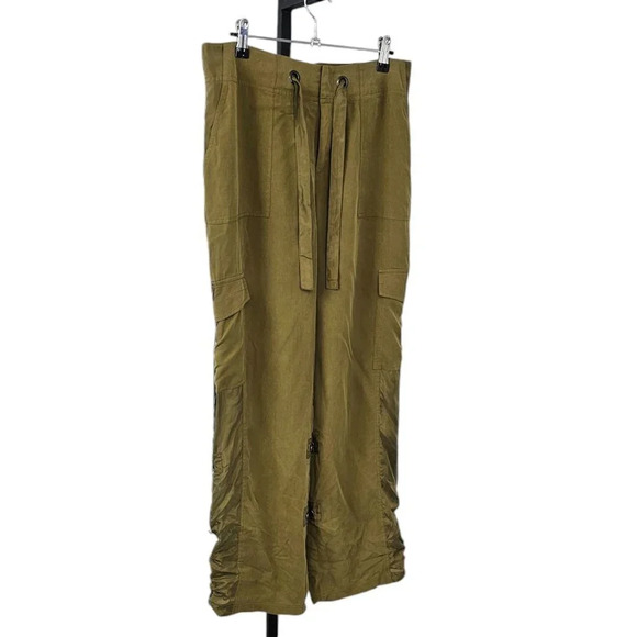 GO SILK Cargo Jogger Pant 100% Silk Size Small Olive Green Pockets Adjustable - Picture 3 of 9
